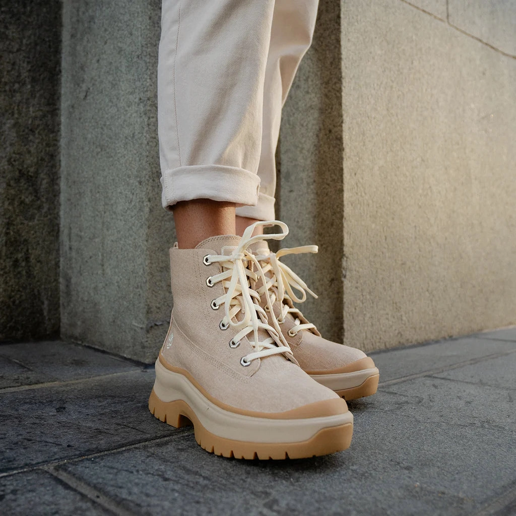 Timberland Women's Roxie Lane Mid Lace Up Boot - Light Beige Canvas Strata Trail Low Hiking Shoe