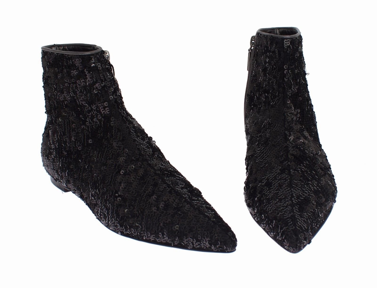 Black Sequined Pointy Flat Ankle Boots Shoes Tie Up Flat Shoes