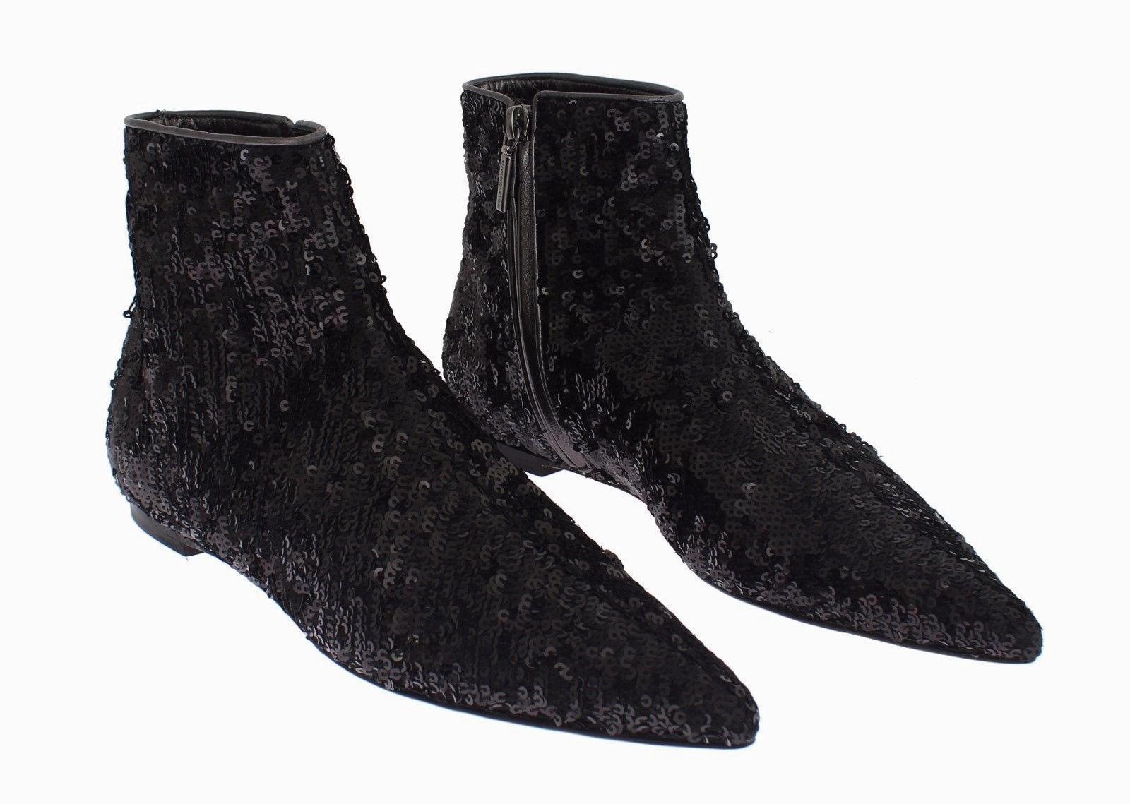 Sneakers Flat Shoes Black Sequined Pointy Flat Ankle Boots Shoes