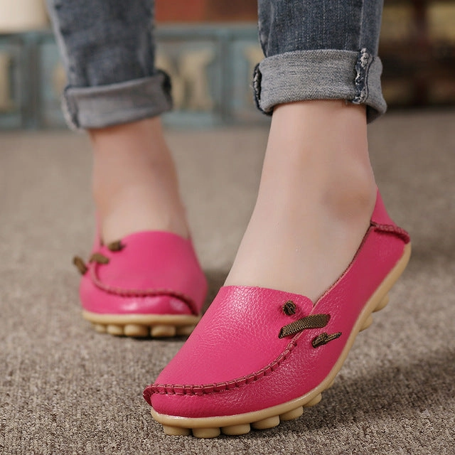 Genuine Leather Women Shoes  Fashion Lace up Casual Flat Shoes Peas Non-Slip Outdoor Shoes Plus Size 34 -44