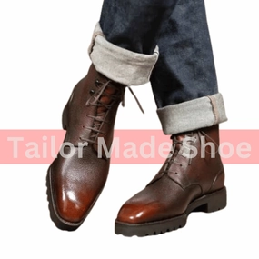 Bespoke Handcrafted Handmade Grain Brown Shaded Leather Ankle Derby Lace Up Dress Boots Men's Stylish Boots, Gentlemen Boots, Winter Boots Lineman Boots