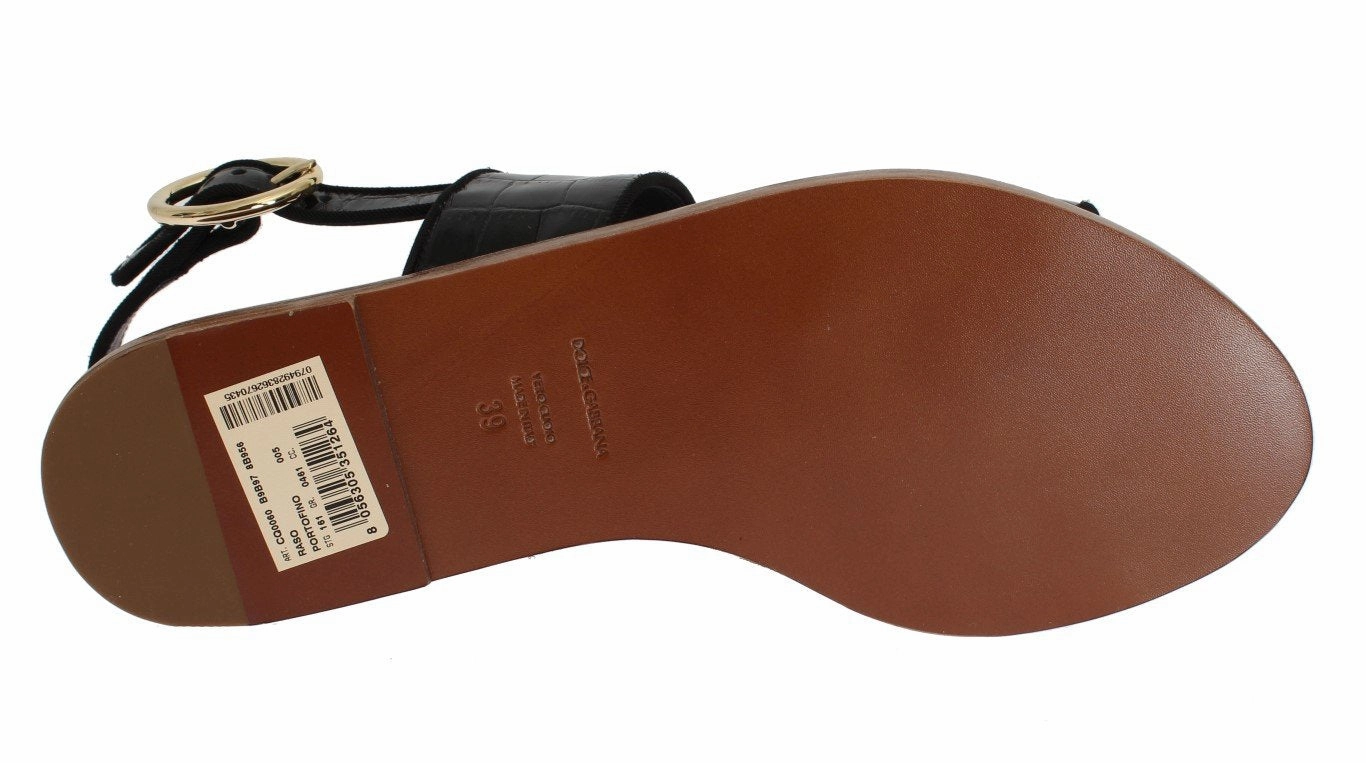 Best Supportive Flat Shoes Black Crocodile Skin Leather Sandals