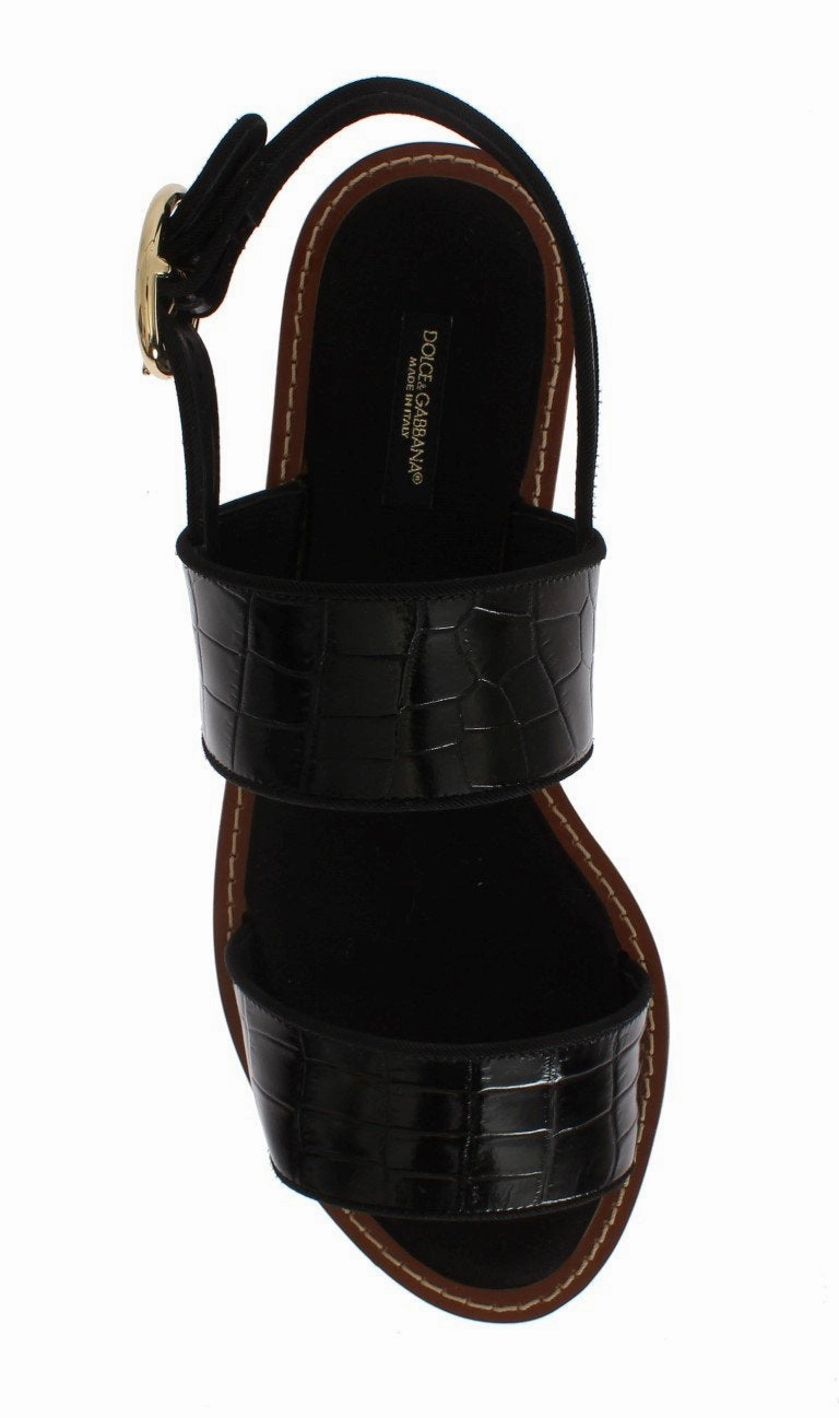 Black Crocodile Skin Leather Sandals Bow Shoes Flat