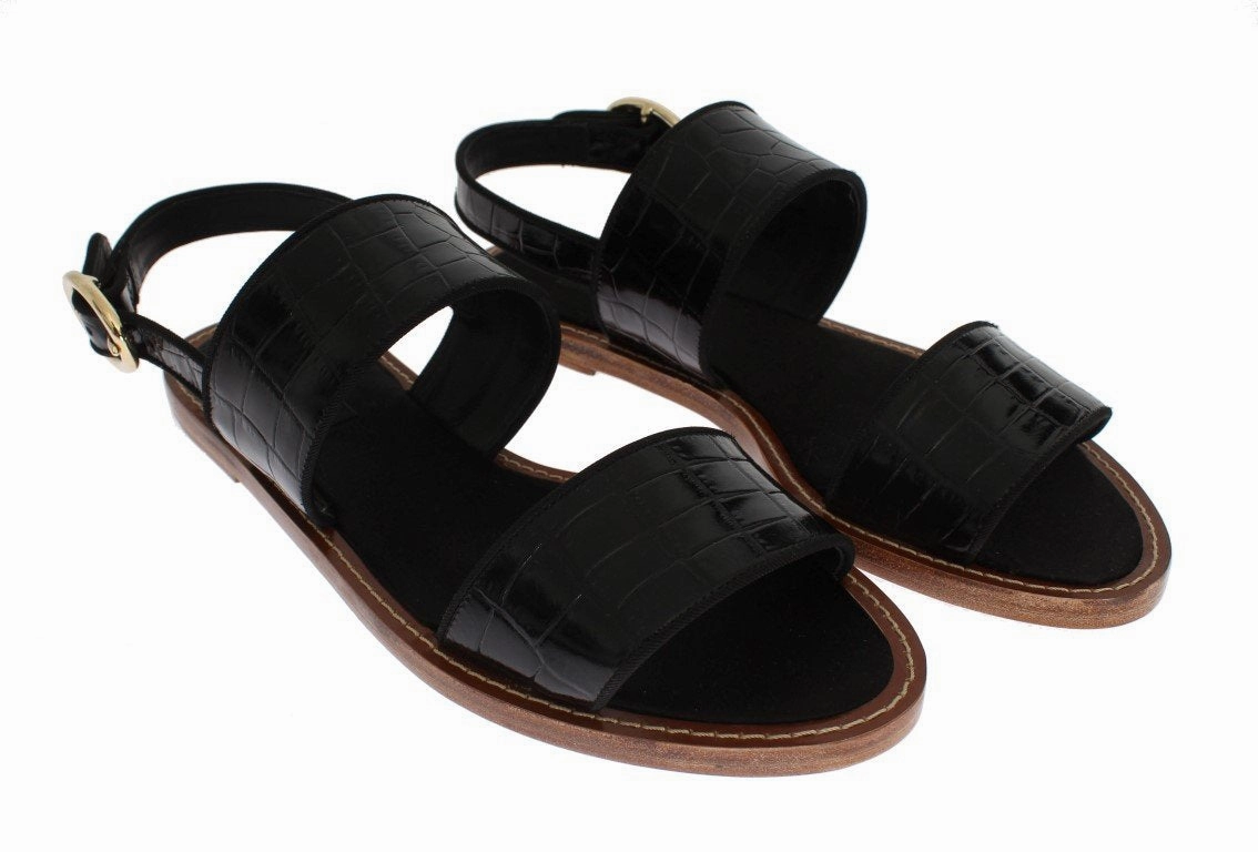 Black Crocodile Skin Leather Sandals Flat Shoes Night Out