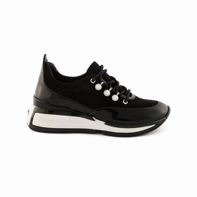 Women's Black Patent Leather Pearl-Embellished Handmade Sneakers W5038 Sb Sneakers