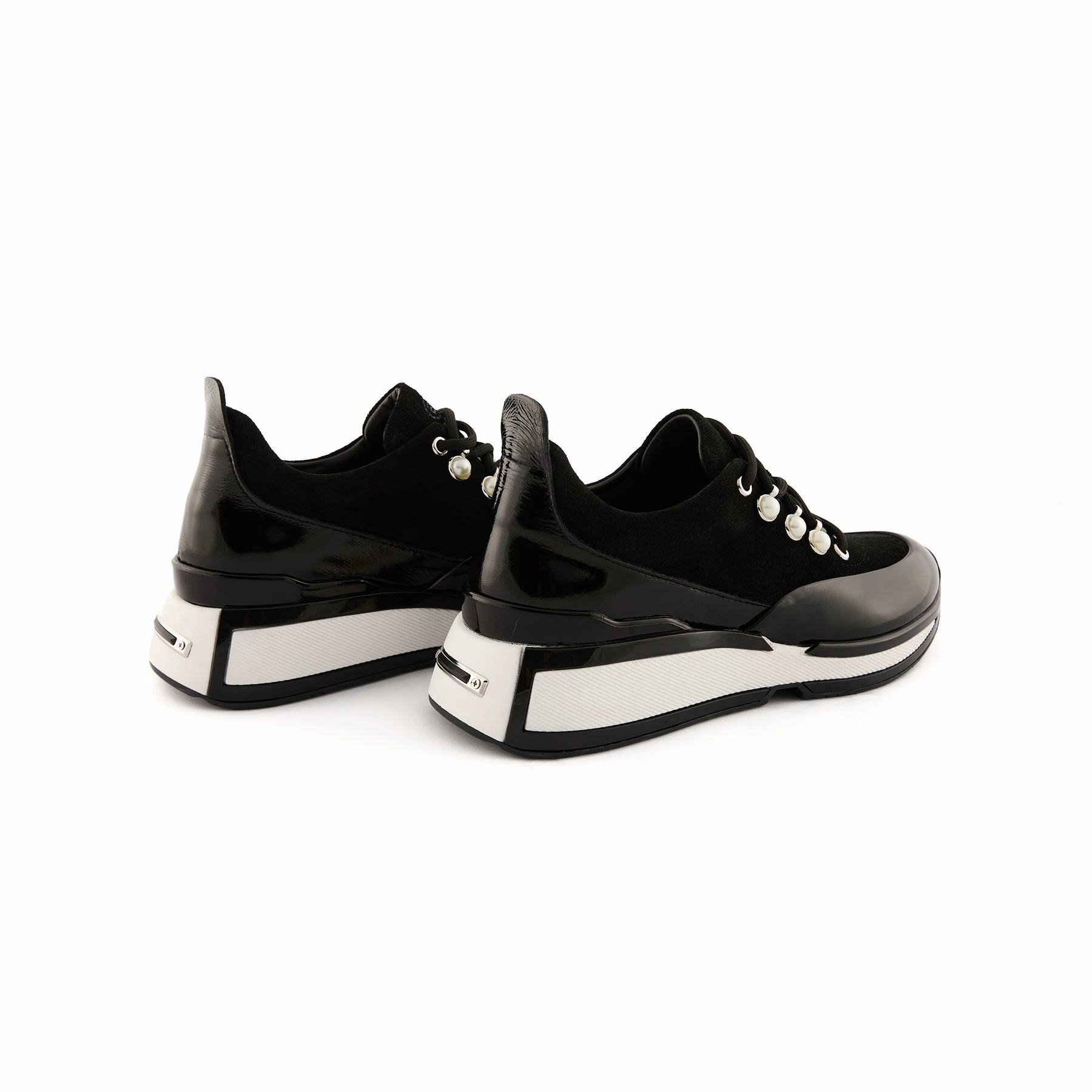 Women's Black Patent Leather Pearl-Embellished Handmade Sneakers W5038 1. NULL