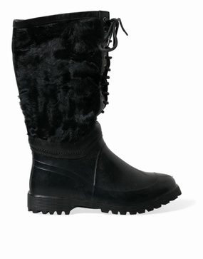 Vegan Cowgirl Boots Black Rubber Lace Up Shearling Rain Boots Shoes