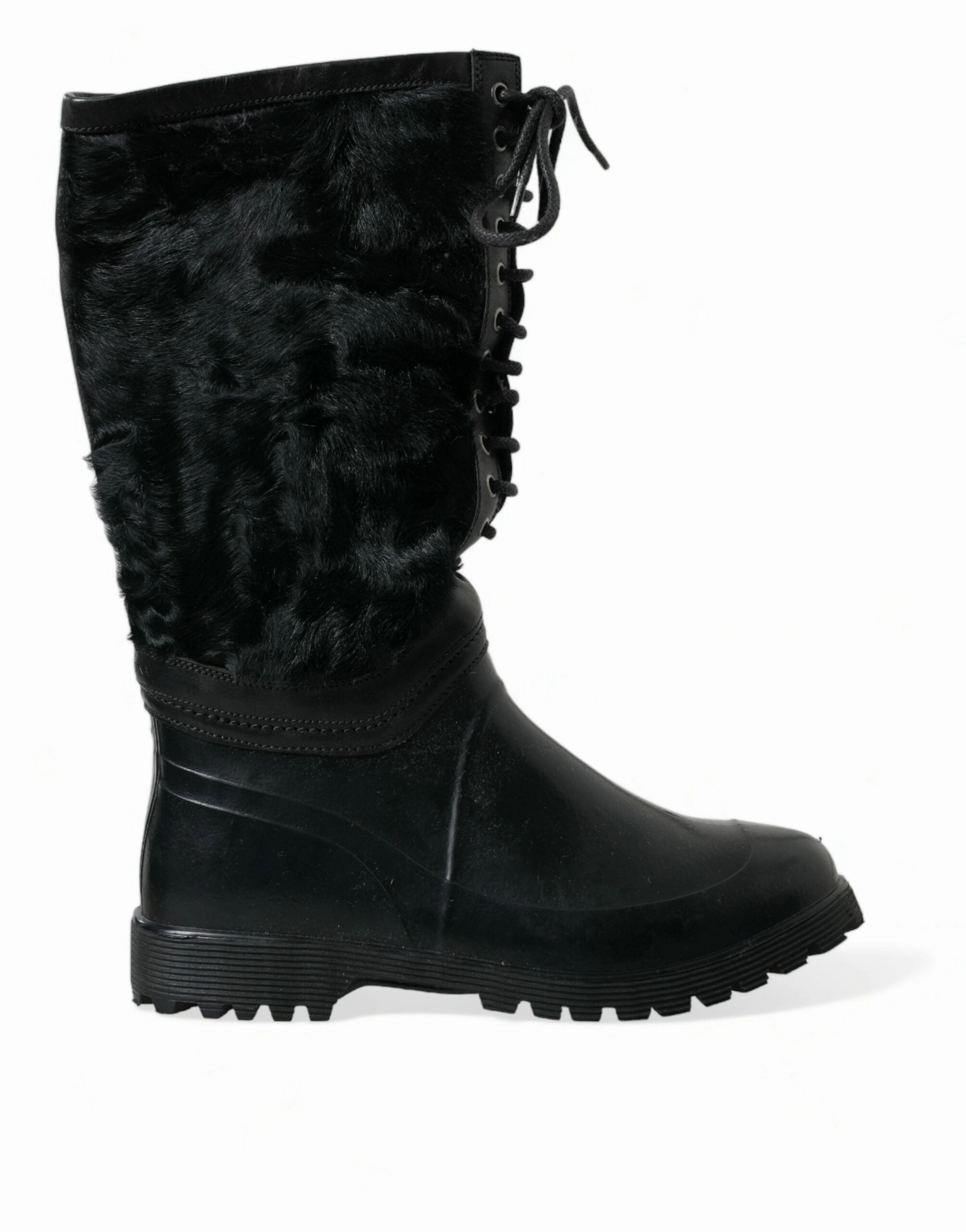 Black Rubber Lace Up Shearling Rain Boots Shoes Open Toed Boots
