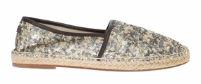 Gold Silver Sequined Logo Espadrilles Flat Closed Toe Espadrilles