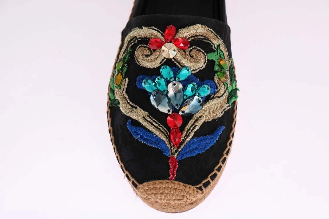 Flat Bottom Dress Shoes Black Brocade Crystal Espadrilles Shoes