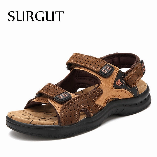 Casual Men Beach Sandals Handmade Genuine Leather Summer Shoes Retro Sewing Classics Men Footwear Zapatos Hombre Star Flat Shoes