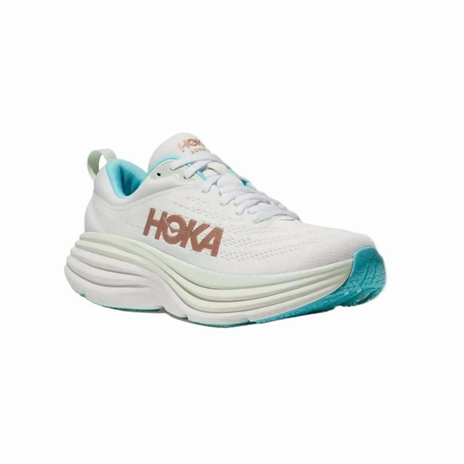 Hoka Women's Bondi 8 Sneaker, Frost/Rose Gold Speed Eco Light Trail Shoes