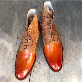 Pleasers Boots Handmade fashion boots Custom-fit boots Made-to-order boots Bespoke Tan Crocodile Print Leather Suede Boot, Ankle Derby Lace Up Dress Boots