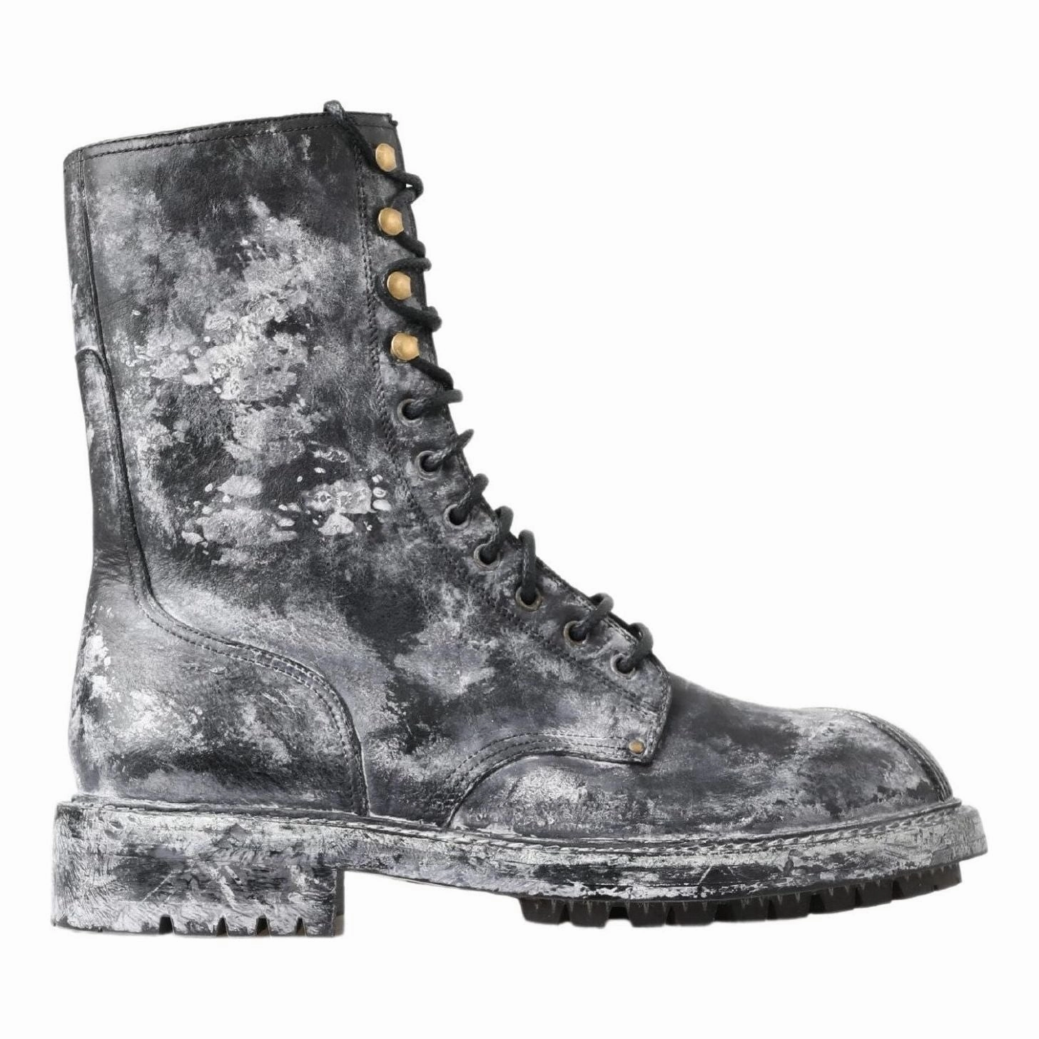 Dolce & Gabbana Black Gray Leather Mid Calf Boots Shoes Surplus Combat Boots