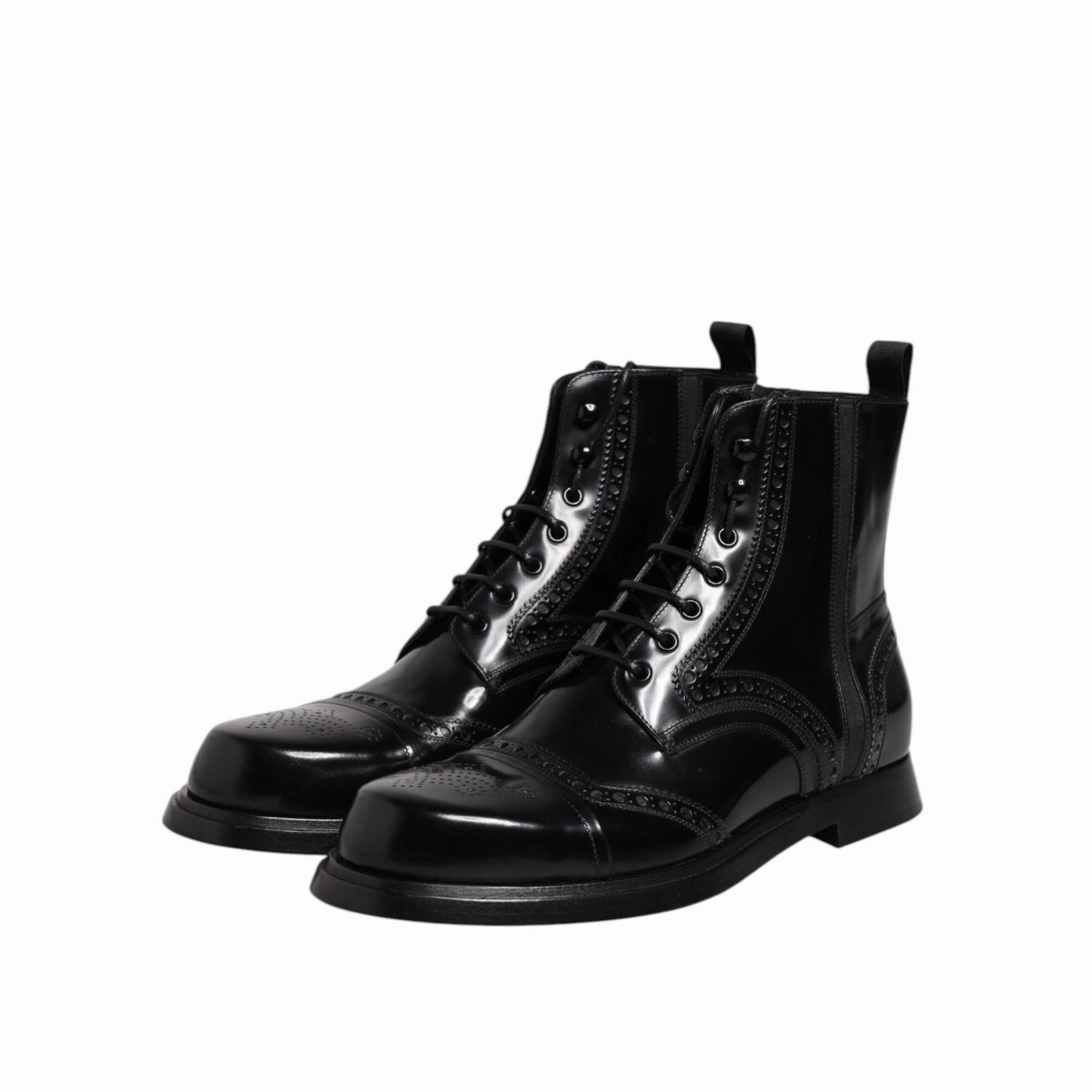 Dolce & Gabbana Black Leather Lace Up Mid Calf Boots Shoes Knee High Flat Boots