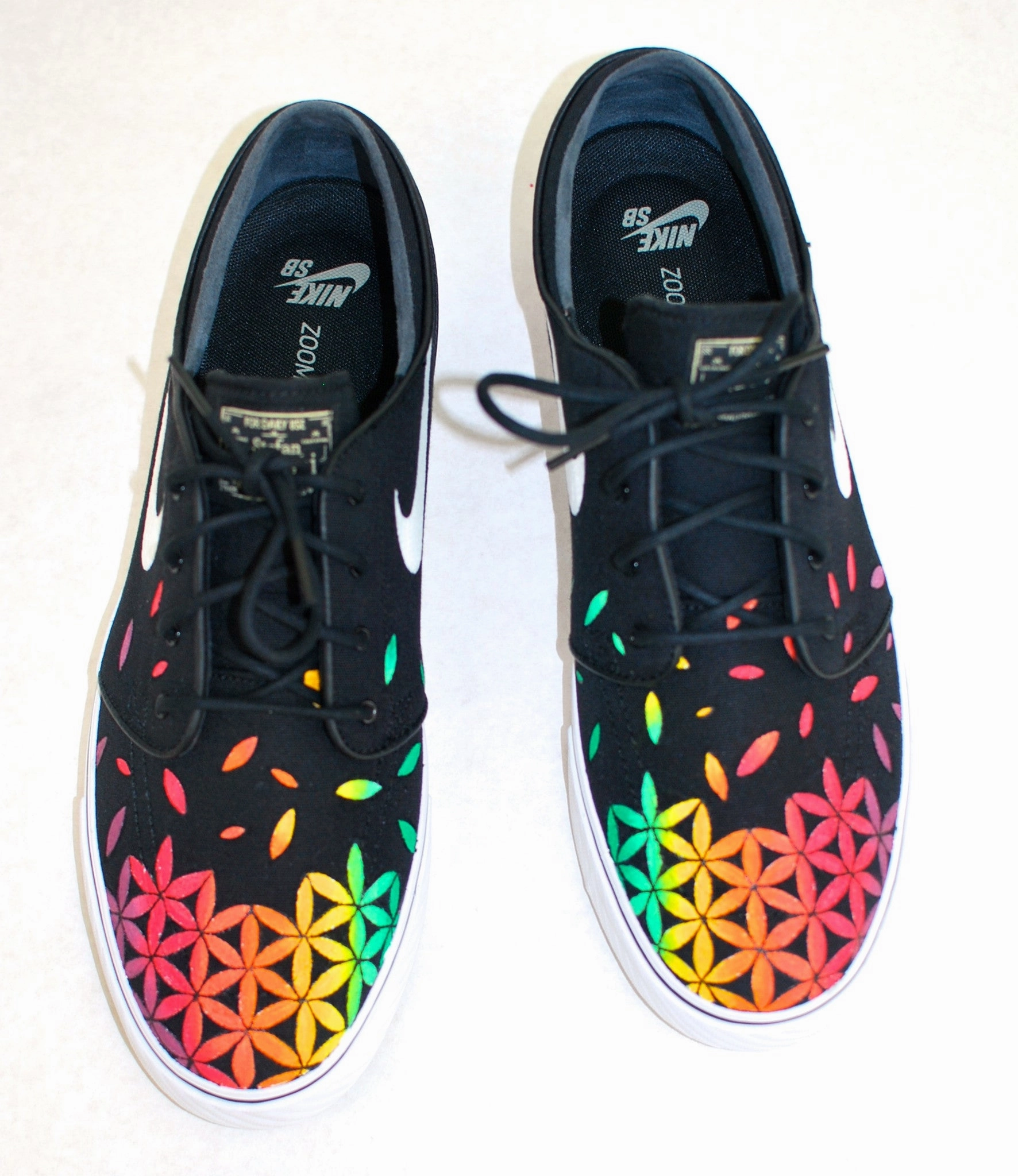 Custom Hand Painted Nike Zoom Stefan Janoski Sneakers - Rasta Sacred Geometry Flower of Life pattern Ex-eo Asics Wrestling Shoes