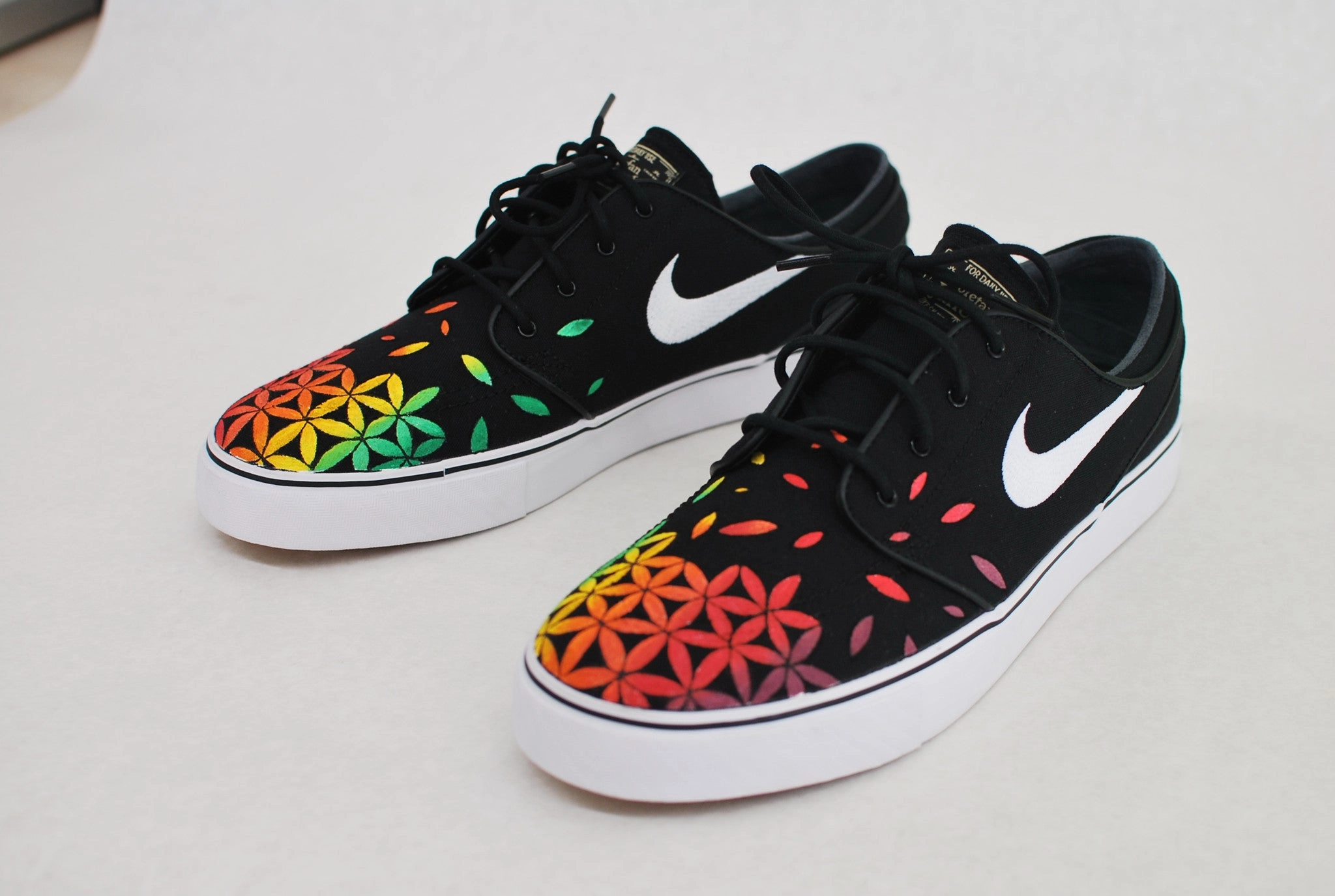 Asics Vintage Running Shoes Custom Hand Painted Nike Zoom Stefan Janoski Sneakers - Rasta Sacred Geometry Flower of Life pattern