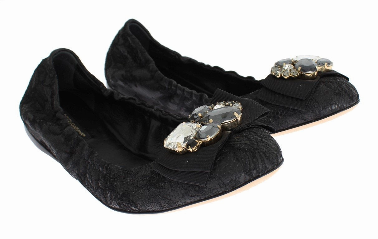 Black Taormina Lace Crystal Ballet Flat Shoes Flat Shoes At