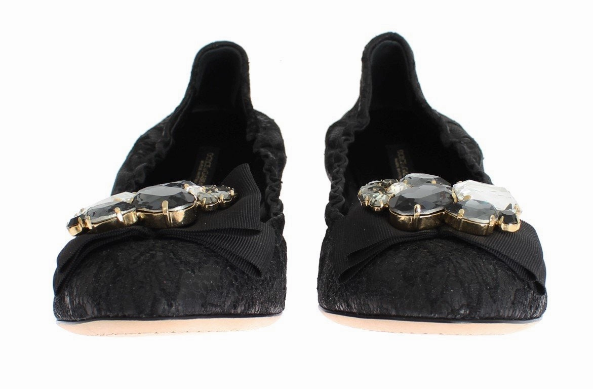 Black Taormina Lace Crystal Ballet Flat Shoes Grey Flat Dress Shoes