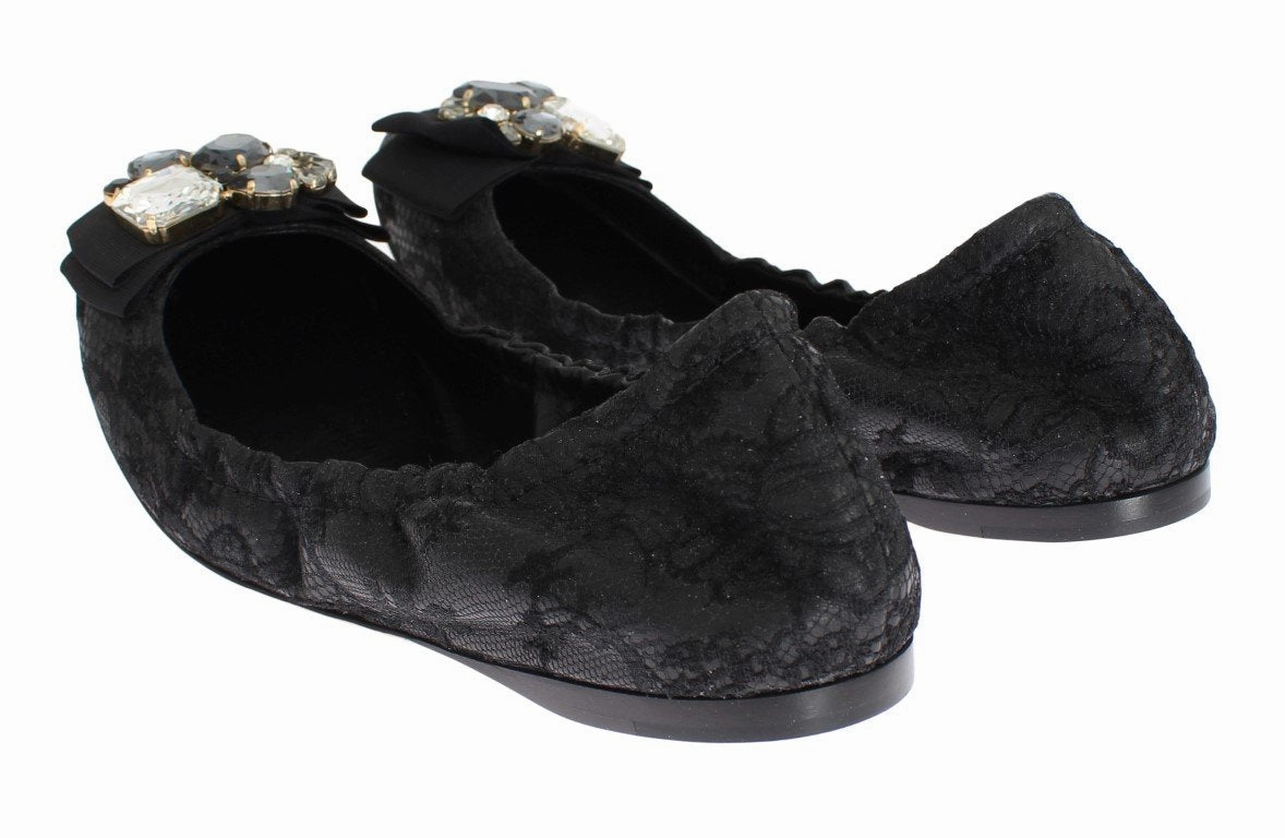 Black Taormina Lace Crystal Ballet Flat Shoes Floral Flats Shoes