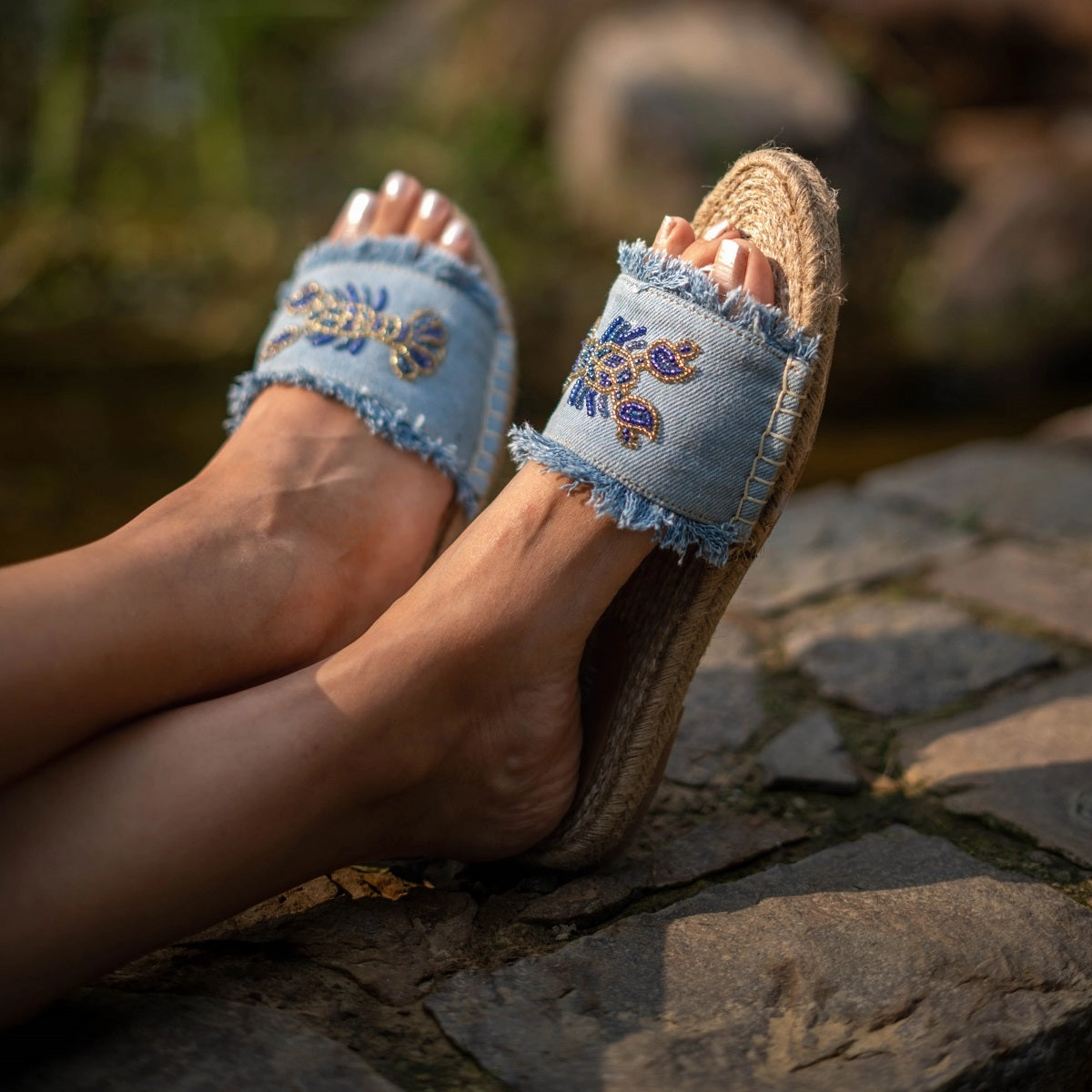 Lobster Denim Sandals Flats Espadrille Haut De Gamme