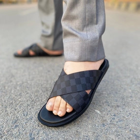 LS Handmade Checkered Cross Chappal LS-135 BLK Big Slippers