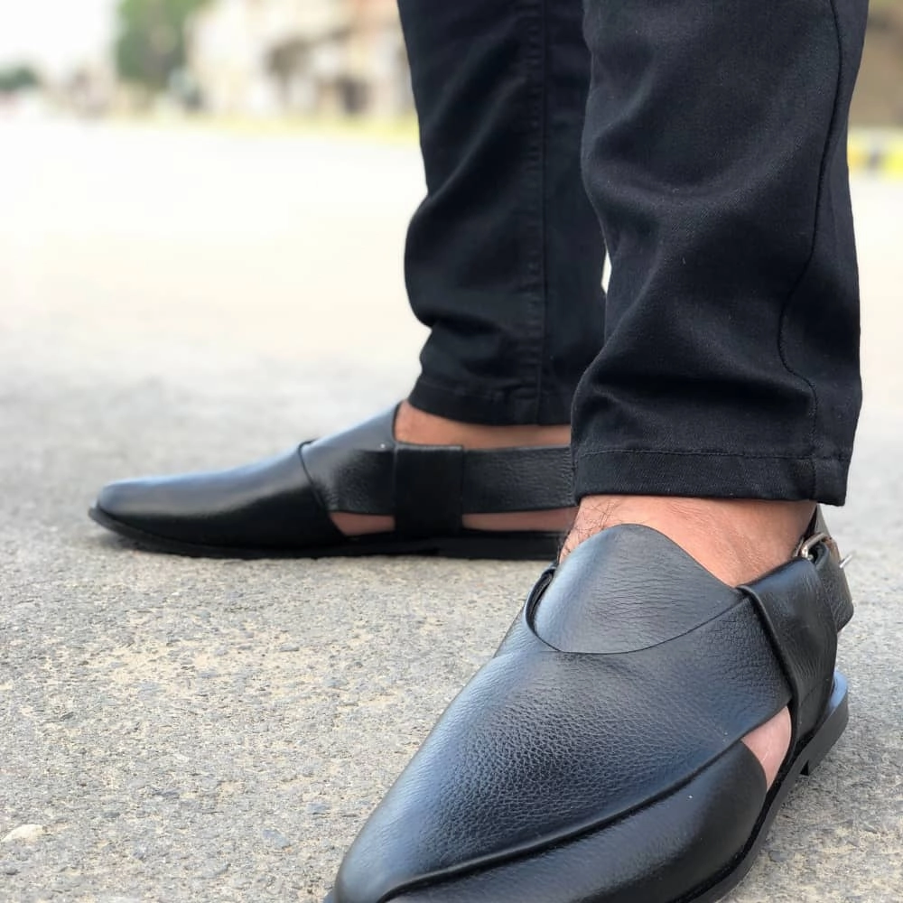 LS Pure Leather Handmade Peshawari Black Sandal-662 Slides Flip Flops