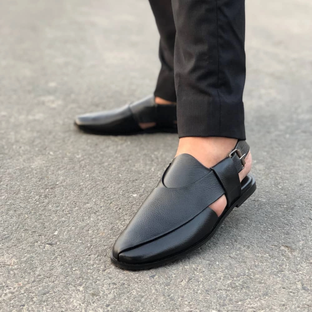 LS Pure Leather Handmade Peshawari Black Sandal-662 Tom Slippers