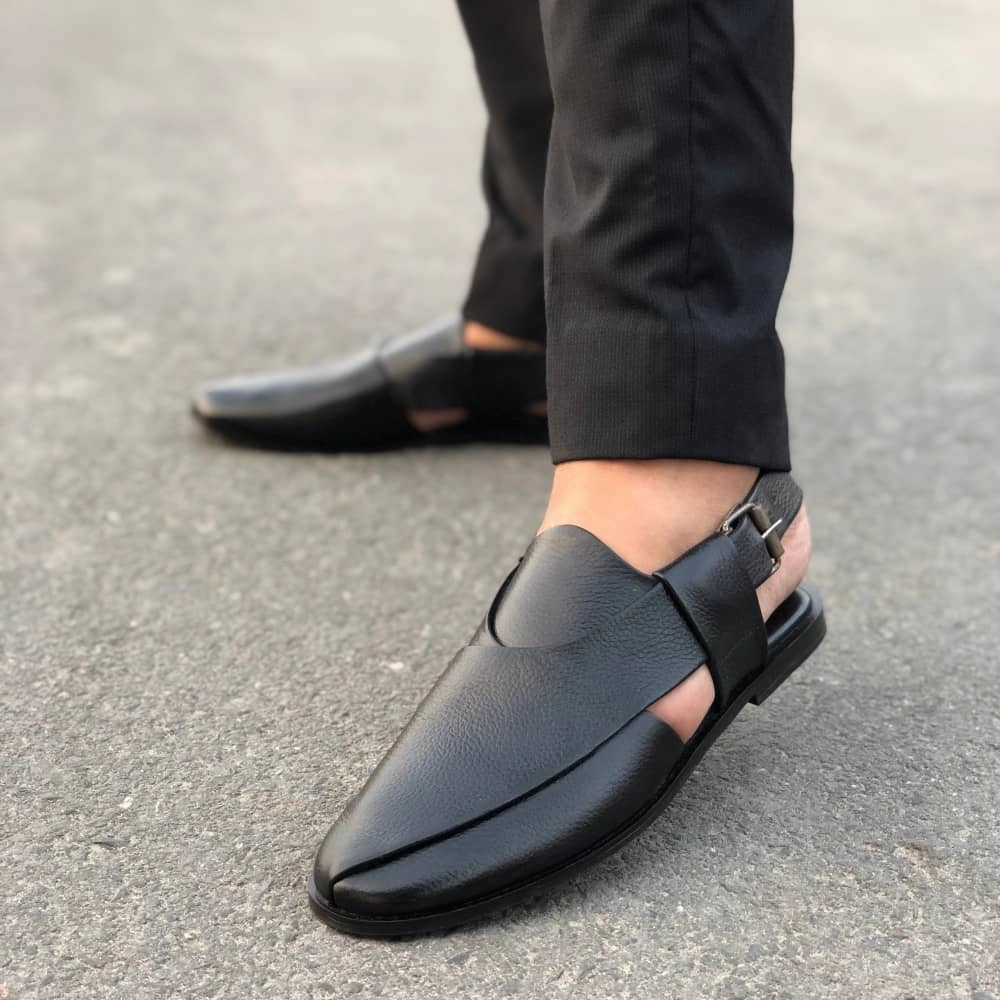 LS Pure Leather Handmade Peshawari Black Sandal-662 Loc Dog Slippers