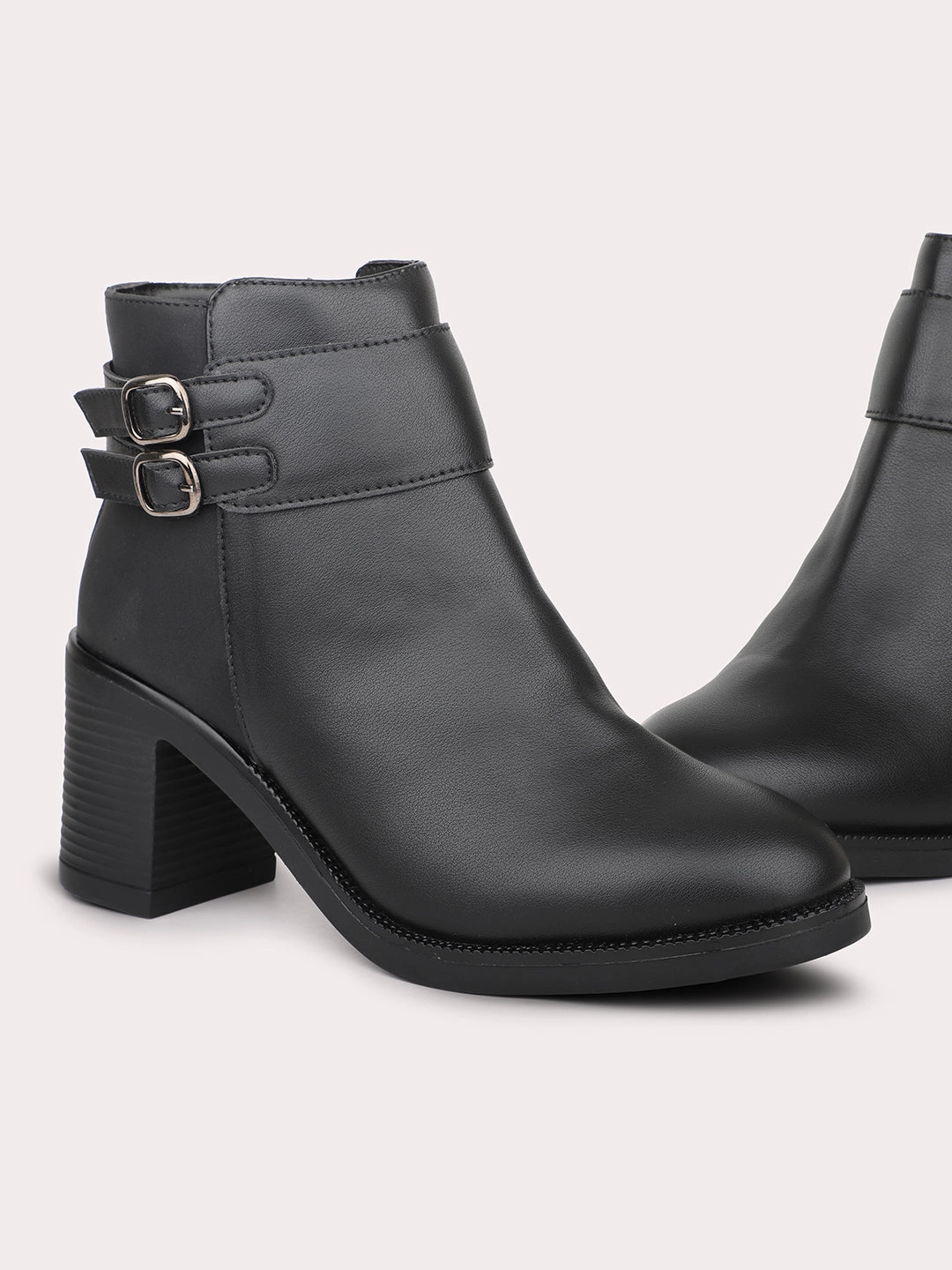 Women Black Block Heel Boots With Buckle Detail Pink Shoes