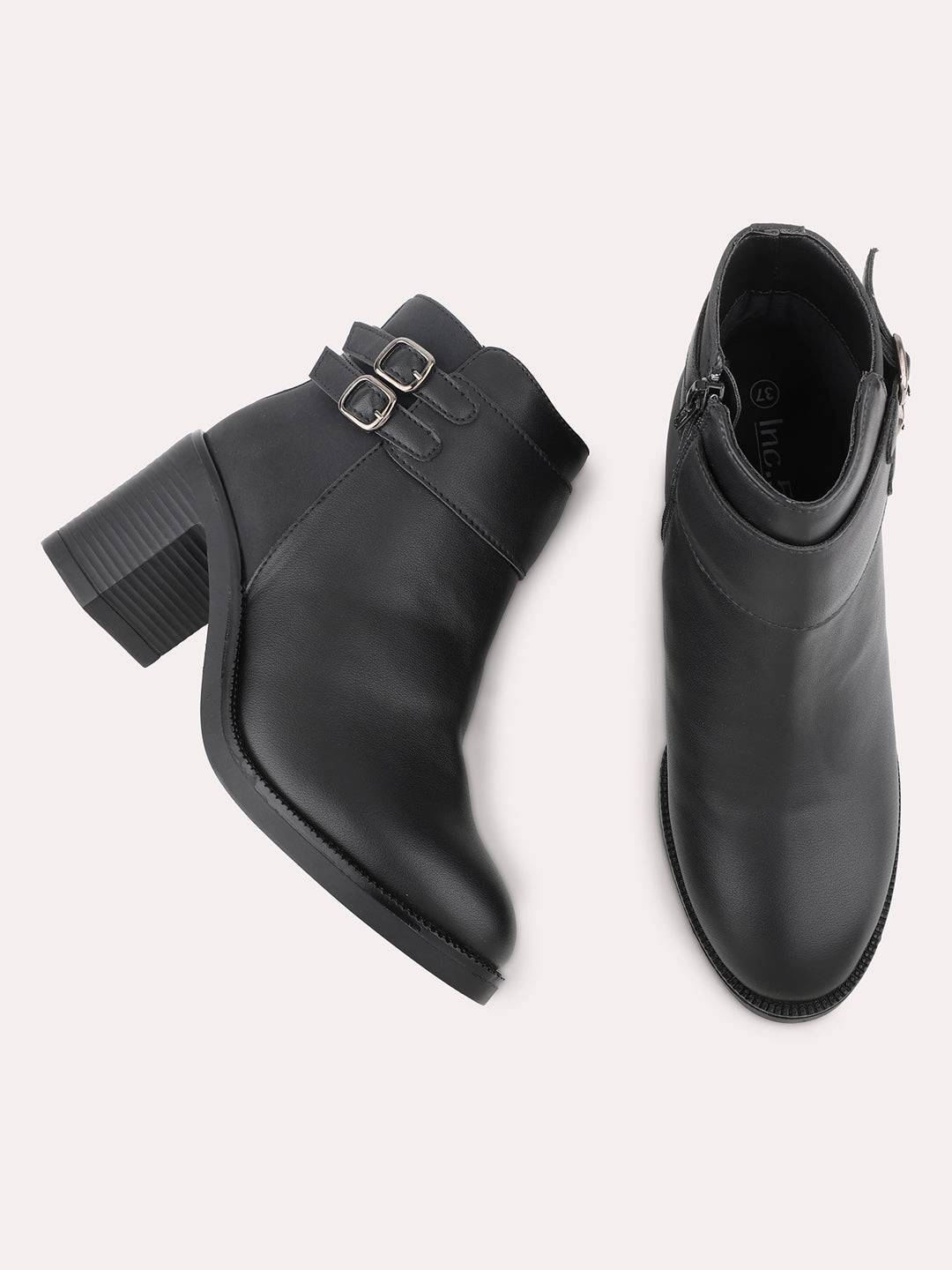 Women Black Block Heel Boots With Buckle Detail Bridal Flats Shoes