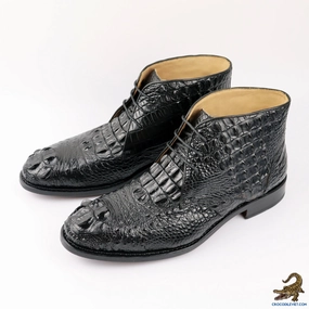 Steel Toe Square Toe Boots Mens Handcrafted Alligator Crocodile Leather Boots Black