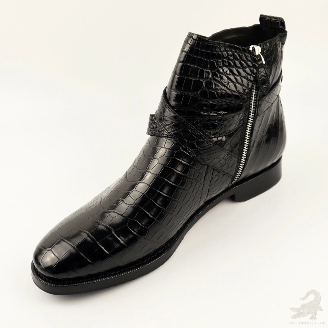 Winter Leather Boots Mens Handcrafted Alligator Crocodile Leather Buckle Ankle Boots Black