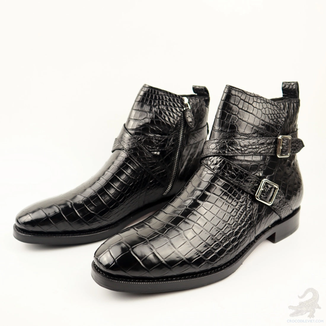 Chukkas Boots Mens Handcrafted Alligator Crocodile Leather Buckle Ankle Boots Black