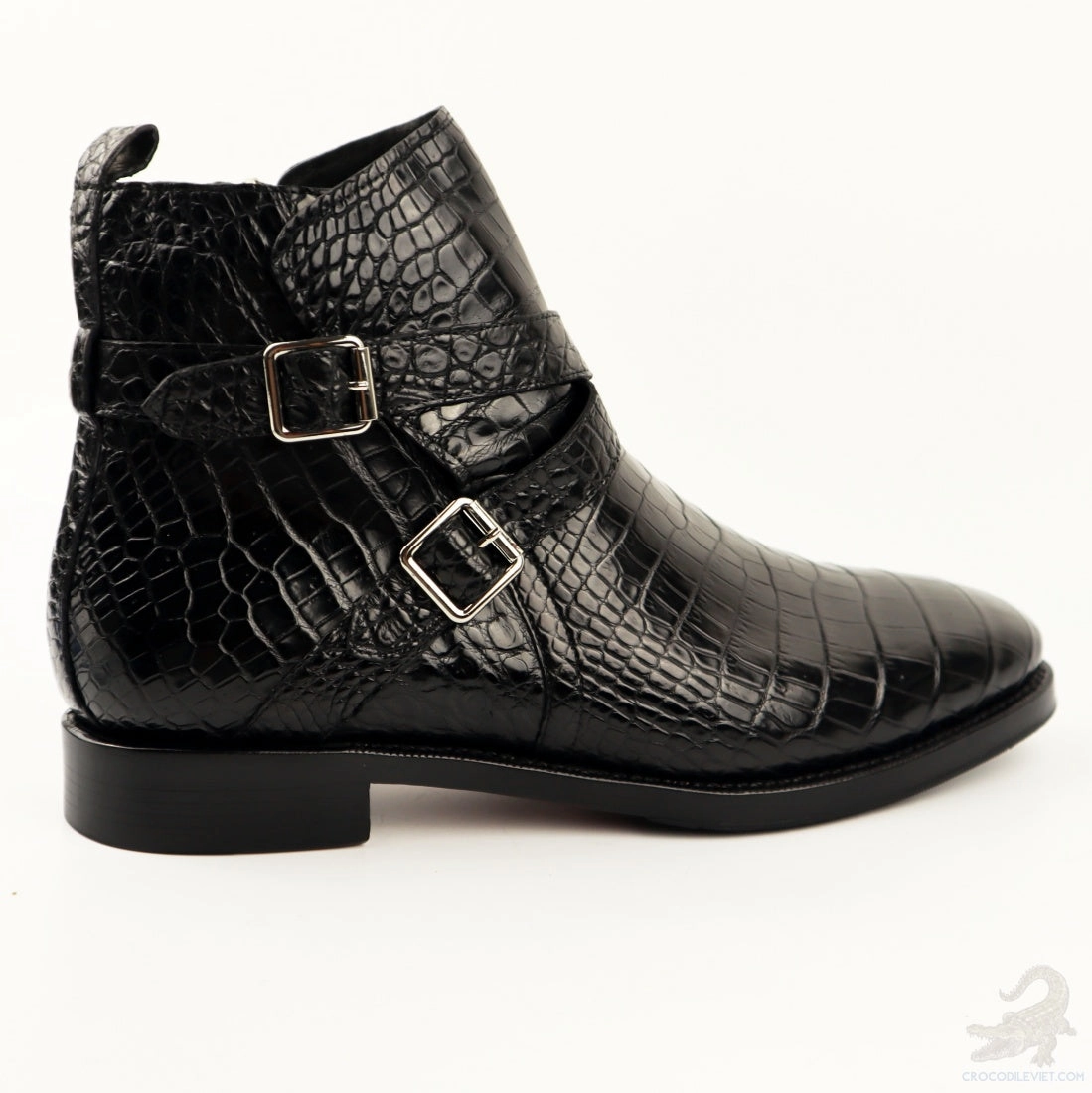 Heeled Cowboy Boots Mens Handcrafted Alligator Crocodile Leather Buckle Ankle Boots Black