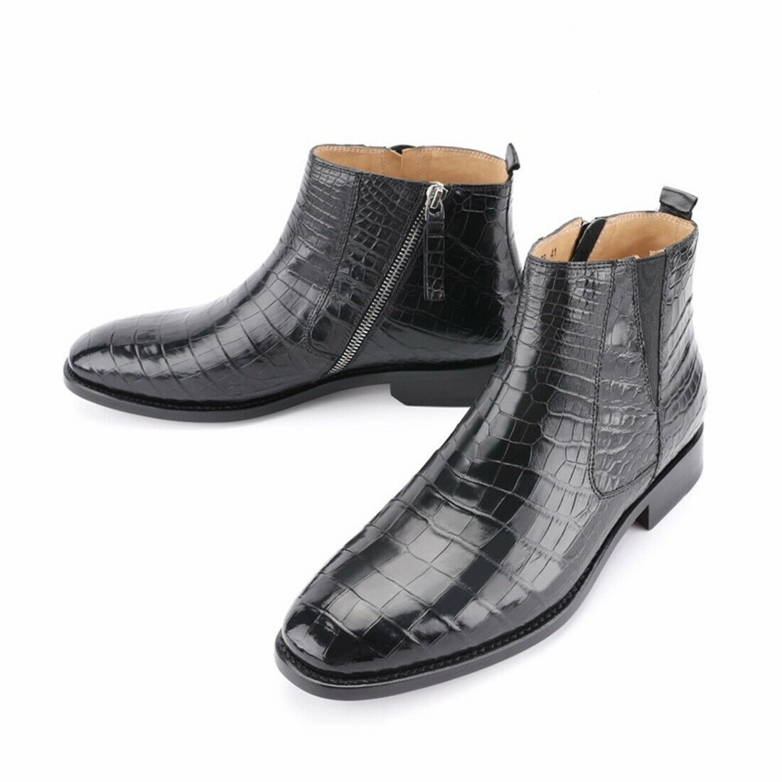 Denim Shark Boots Mens Handcrafted Alligator Crocodile Leather Chelsea Boots Black