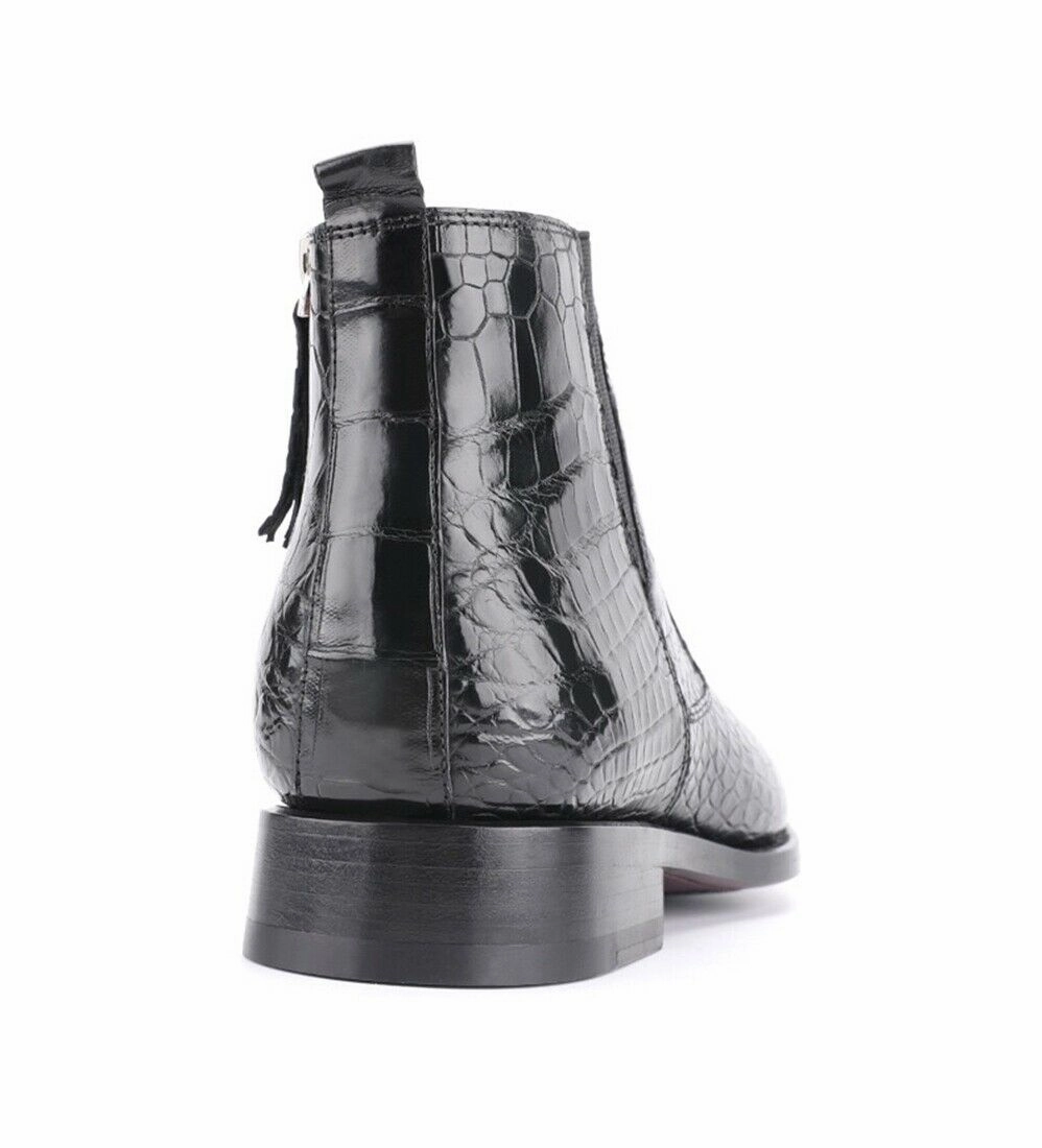 Pirate Boots Mens Handcrafted Alligator Crocodile Leather Chelsea Boots Black