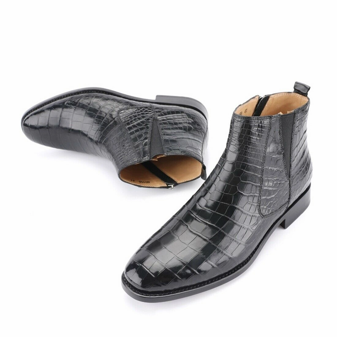 Mens Handcrafted Alligator Crocodile Leather Chelsea Boots Black Boots With Heels