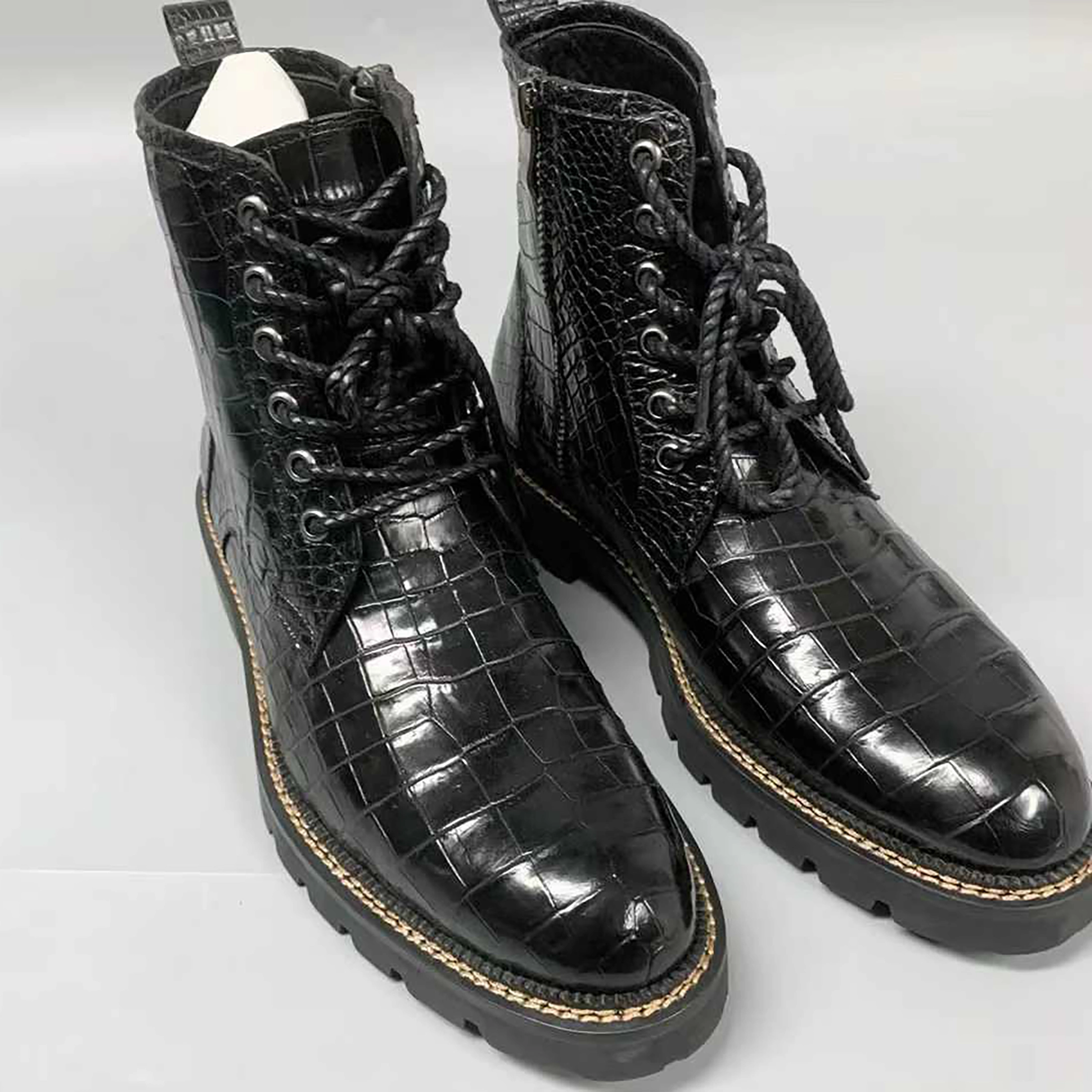 Mens Handmade Alligator Leather Combat Boots  Black, Dark Brown Lace-Up Design Boots Tan