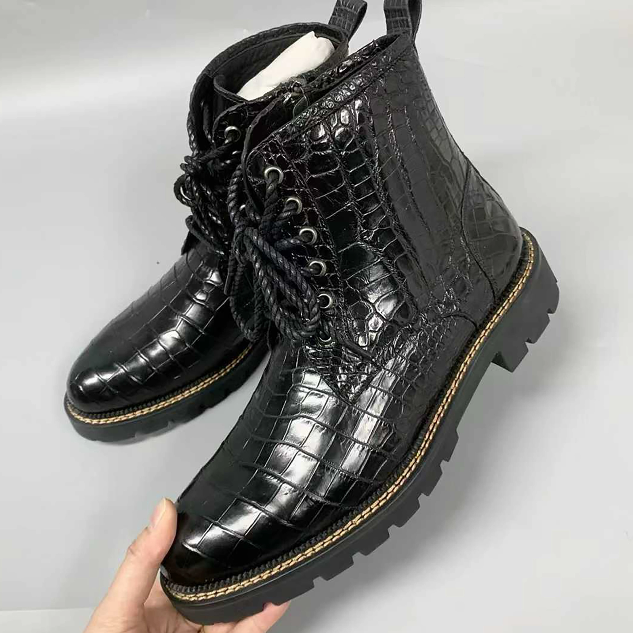 Roc Boots Mens Handmade Alligator Leather Combat Boots  Black, Dark Brown Lace-Up Design