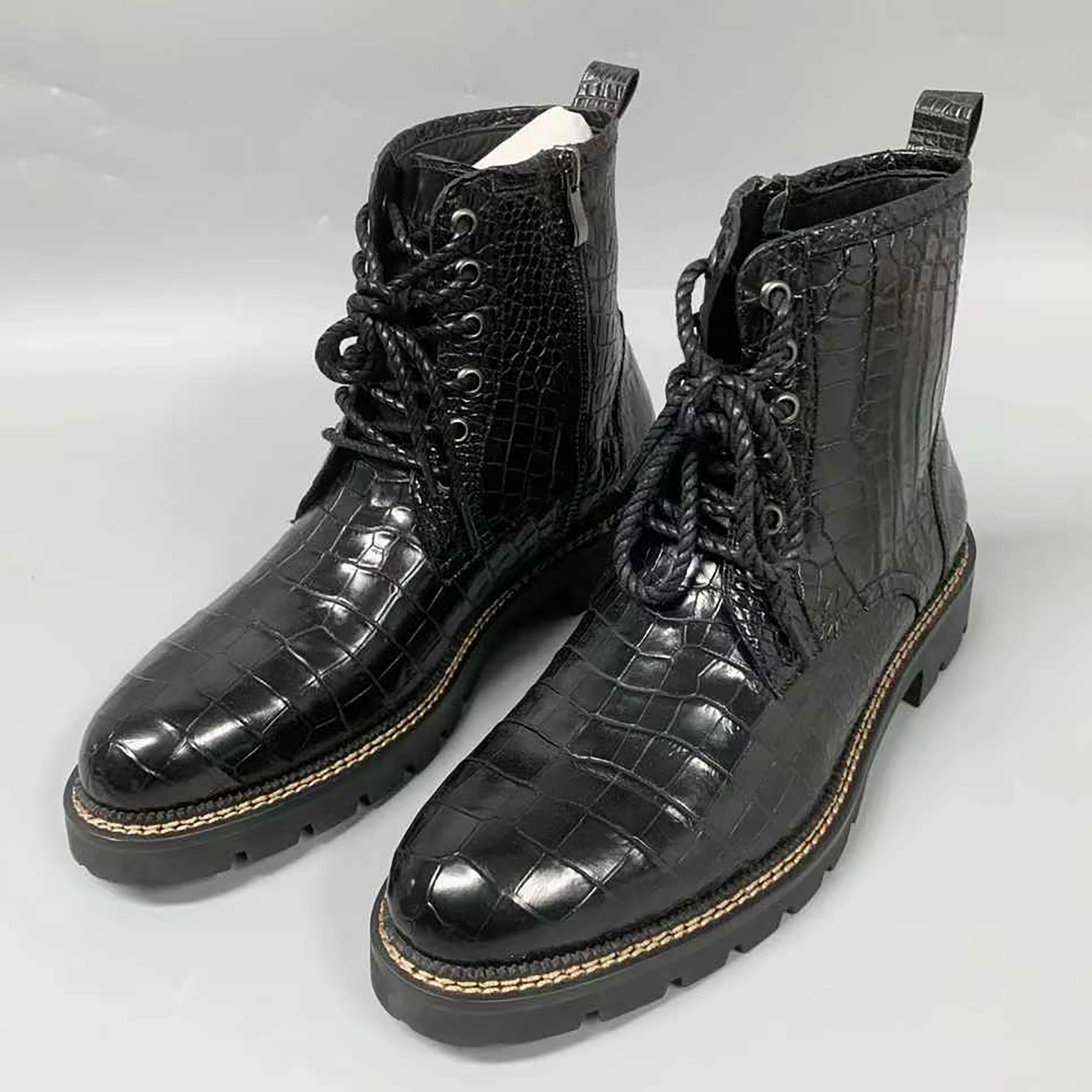 Mens Handmade Alligator Leather Combat Boots  Black, Dark Brown Lace-Up Design Pro Work Boots Steel Toe