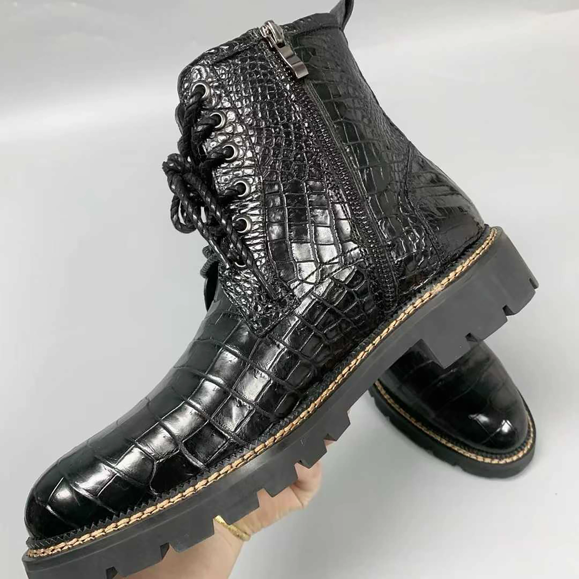 Cowboy Boots Suede Mens Handmade Alligator Leather Combat Boots  Black, Dark Brown Lace-Up Design