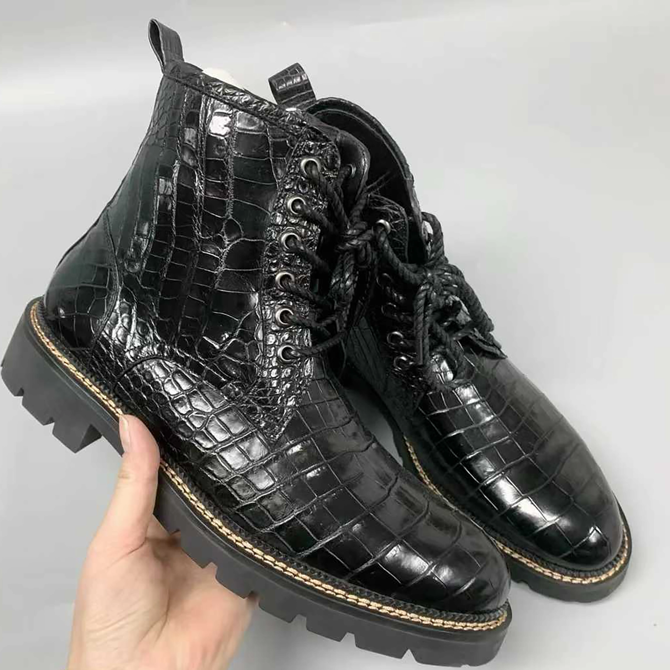 Mens Handmade Alligator Leather Combat Boots  Black, Dark Brown Lace-Up Design Boots Outfits