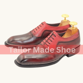 Mens Premium Two-Tone Brogue Leather Oxfords Bespoke Handmade Mens Two-Tone Leather Shoes  Burgundy Classic Wide Width Work Boots