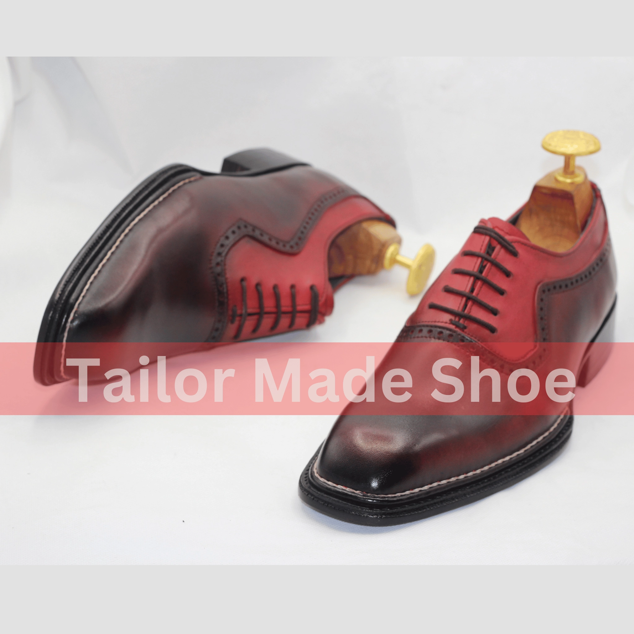 Mens Premium Two-Tone Brogue Leather Oxfords Bespoke Handmade Mens Two-Tone Leather Shoes  Burgundy Classic Hooker Boots