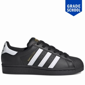 Grade School Adidas Superstar J Shoes - Black/White/Black Walking Shoes Stability