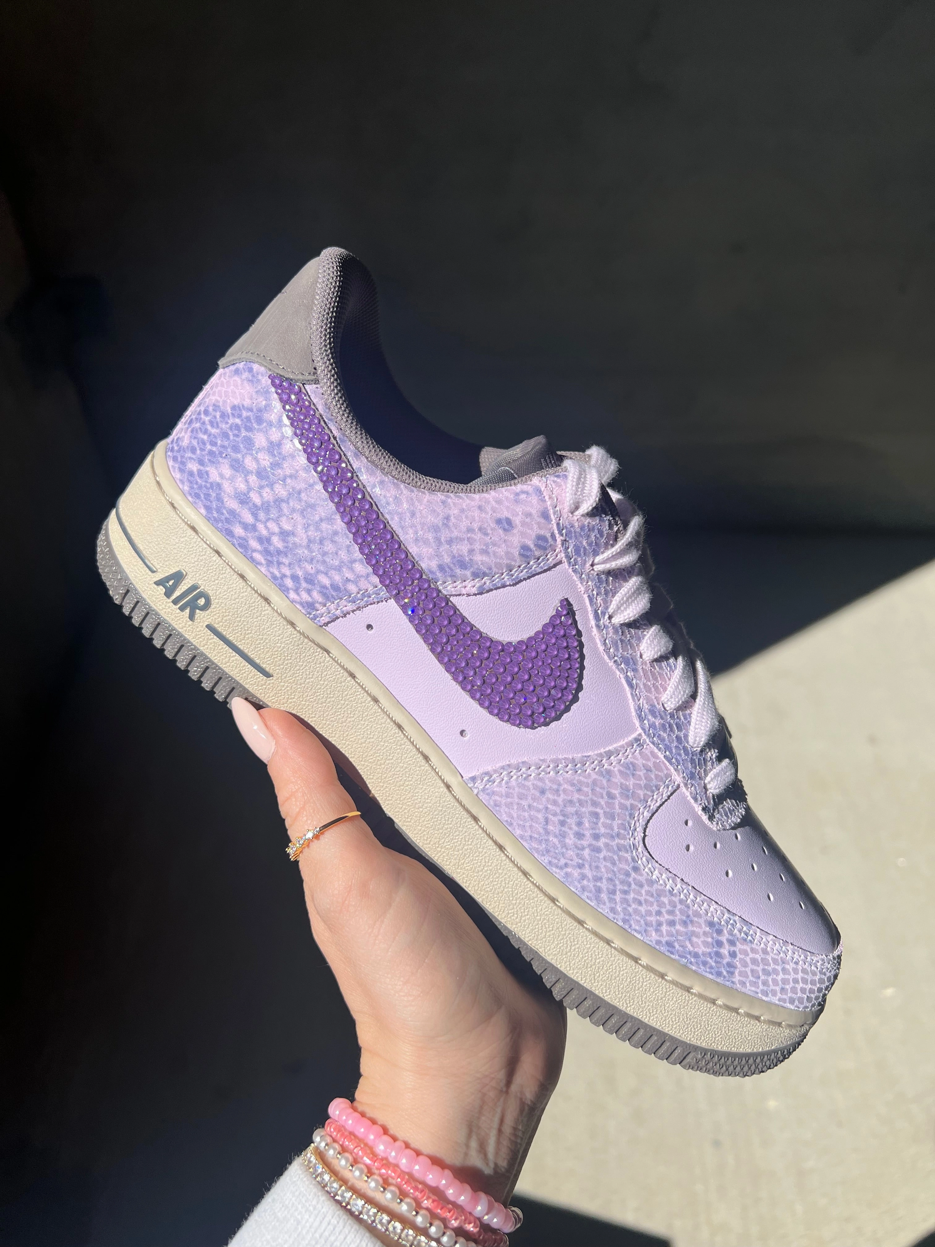 Special Edition Purple Snake Print Swarovski Womens Nike Air Force 1 Adidas Top Ten Shoes