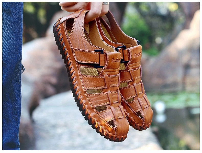 MYNDE Men Cow Leather Sandals Outdoor 2019 Summer Handmade Men Shoes Men Breathable Casual Shoes Footwear Walking Sandals Sandals Studs