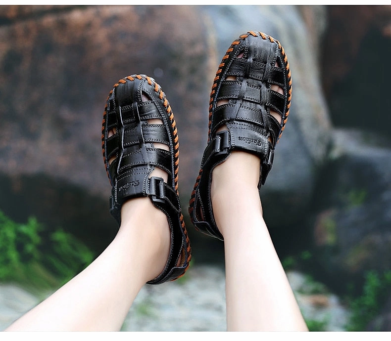 MYNDE Men Cow Leather Sandals Outdoor 2019 Summer Handmade Men Shoes Men Breathable Casual Shoes Footwear Walking Sandals Best Summer Sandals