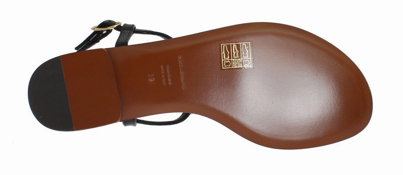 Black Leather Crystal Floral Flip Flop Sandals Cork Shoes Flats